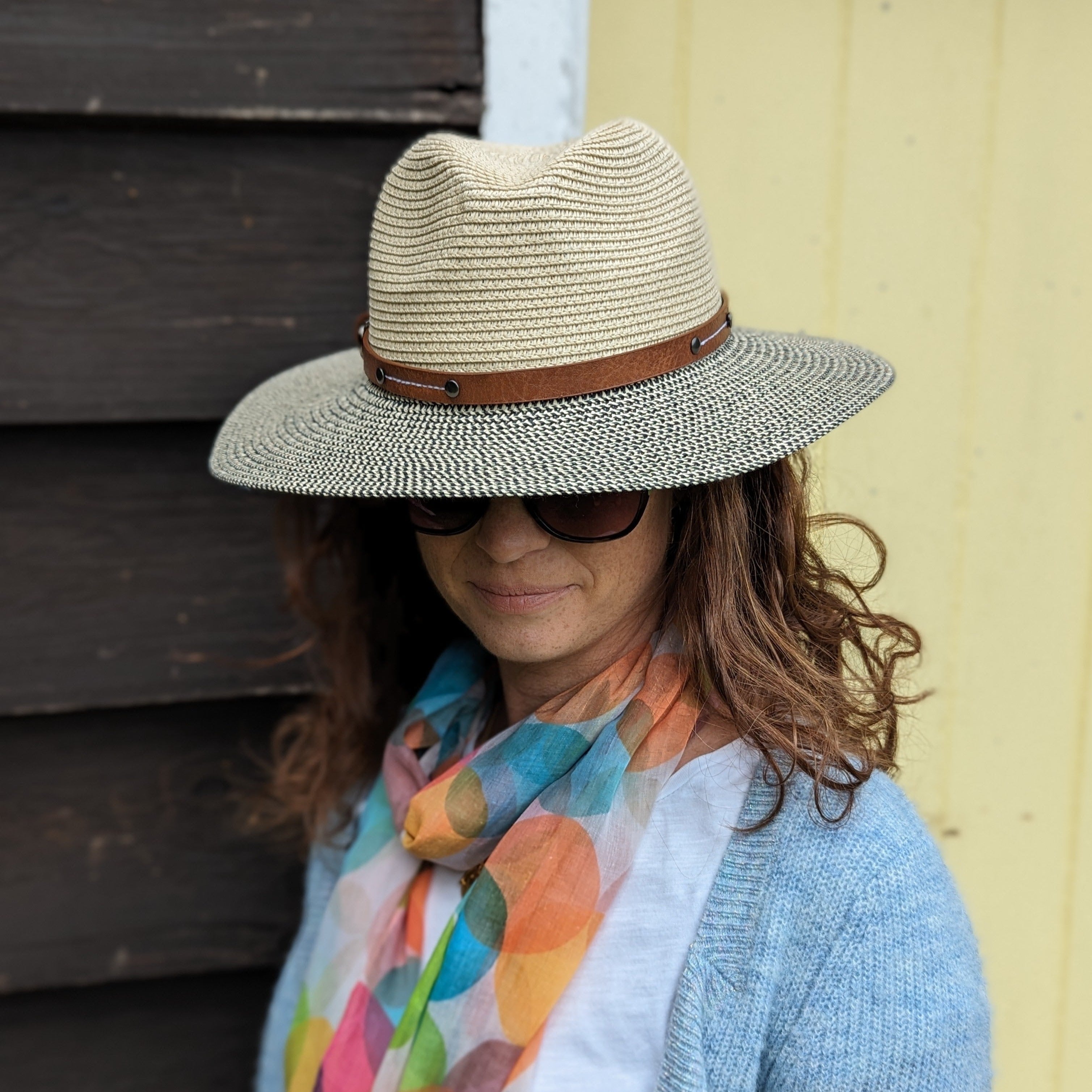 Folding Panama Style Travel Sun Hat - Mottled/Natural with Belt (59cm)