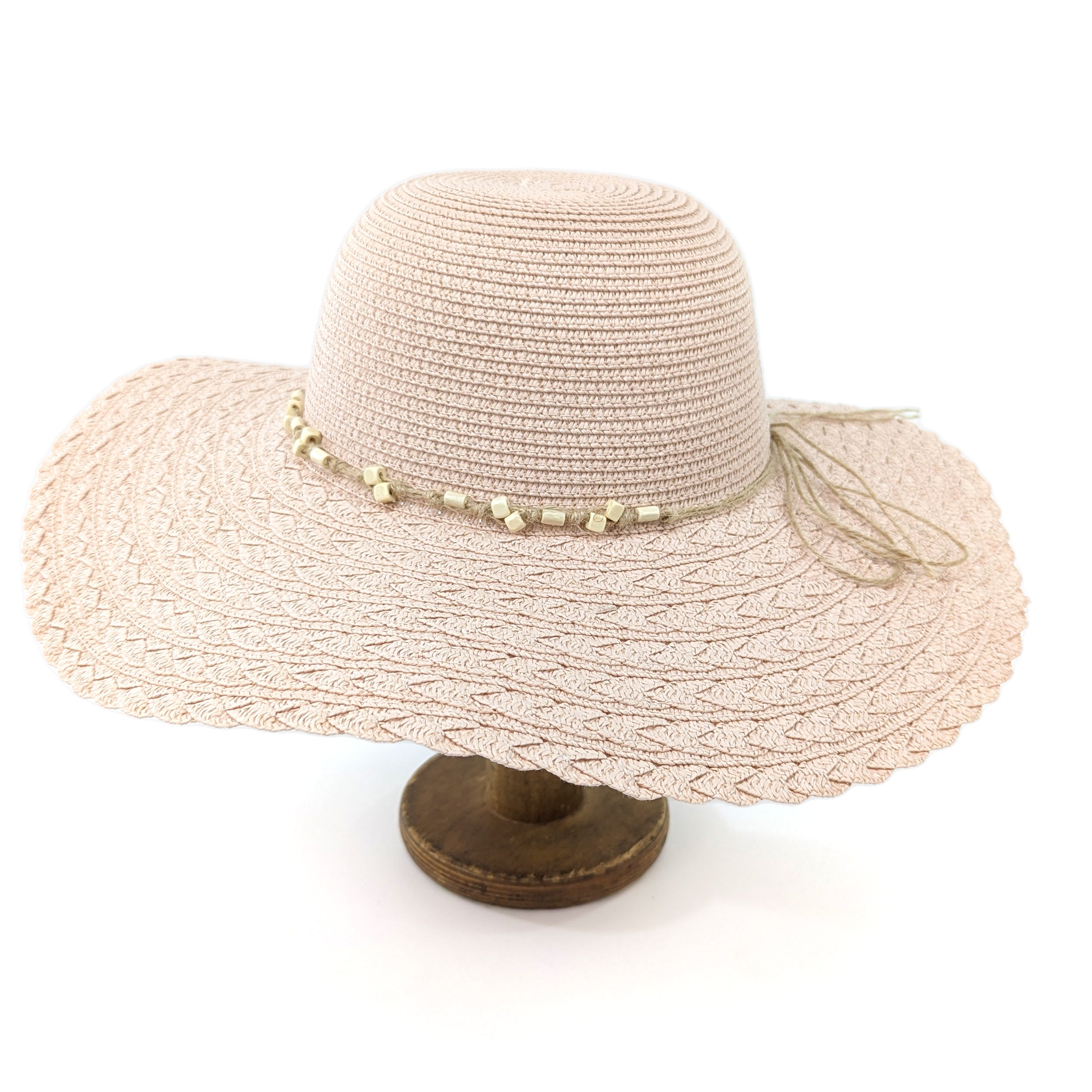 Folding Wide Brim Travel Sun Hat - Pink Beaded Band (57cm)