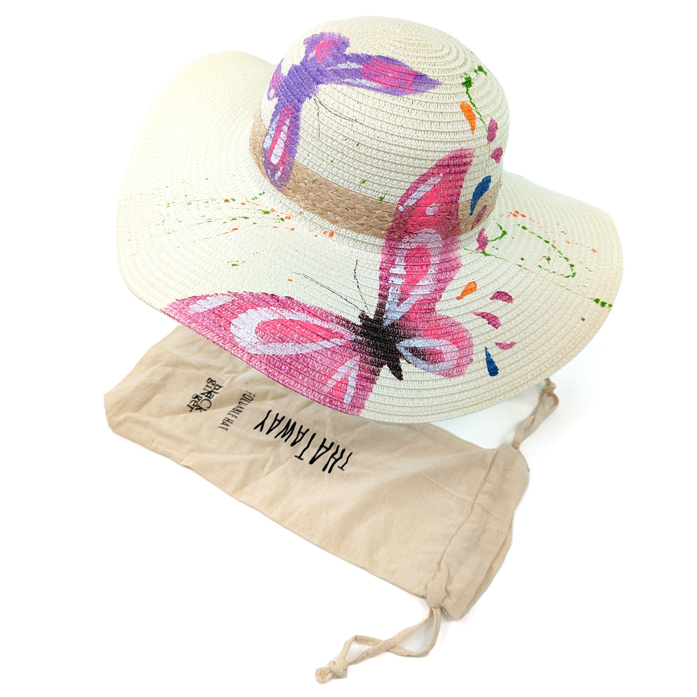 A wide brimmed travel hat.  UPF 50 sun protection.  rolls into a travel pouch as the perfect tarvel hack. Butterfly bright pink neon design
