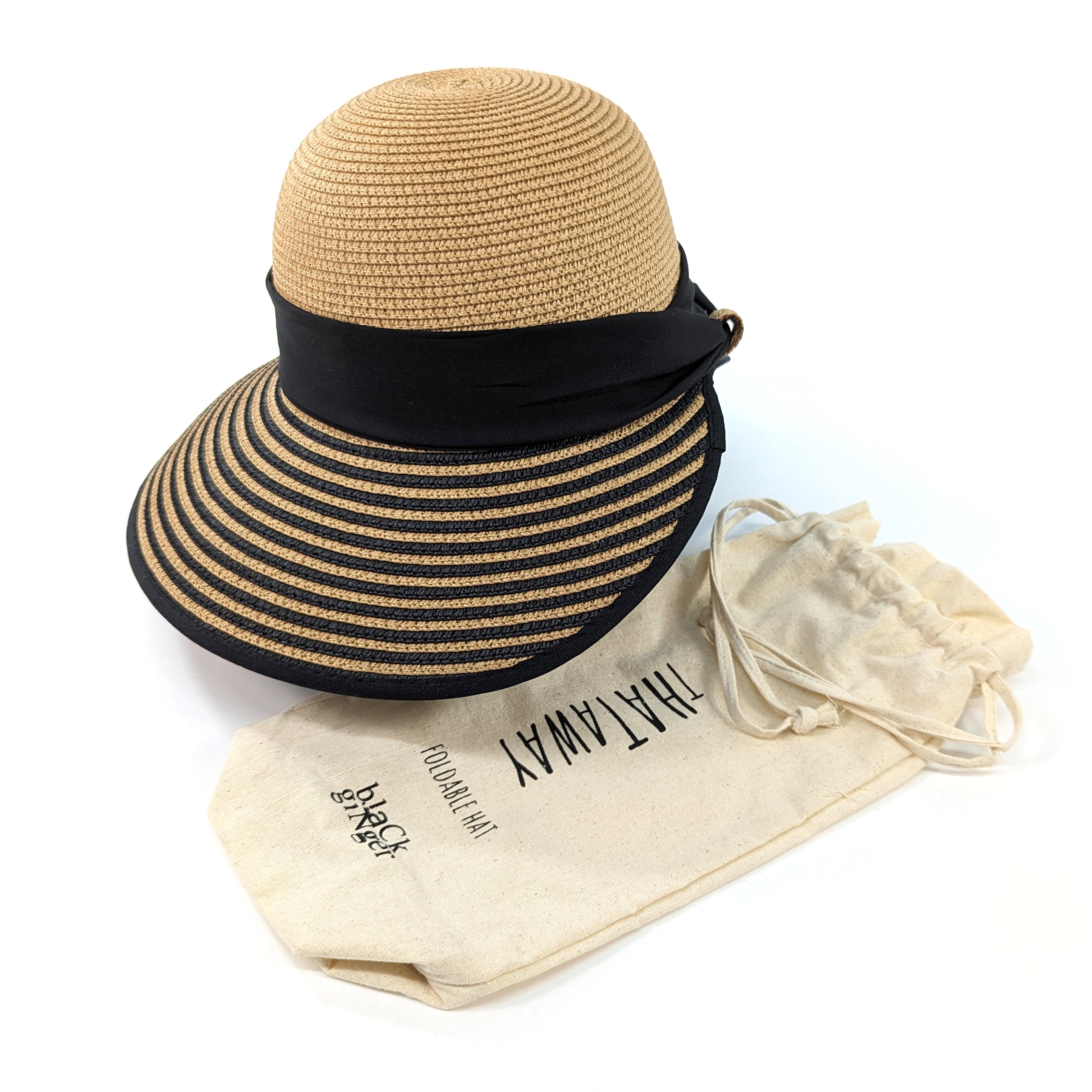 Stripey Open Back Foldable Hat - Dark Natural