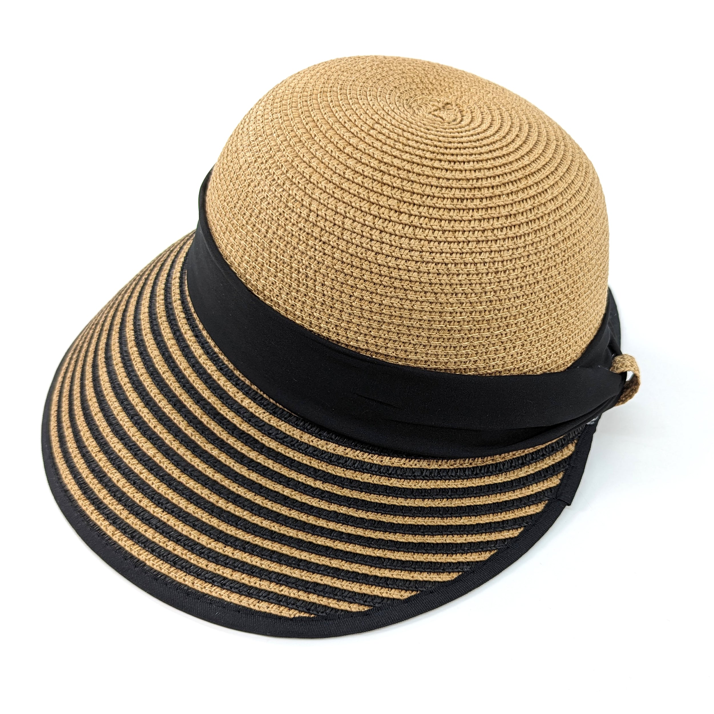 Stripey Open Back Foldable Hat - Dark Natural