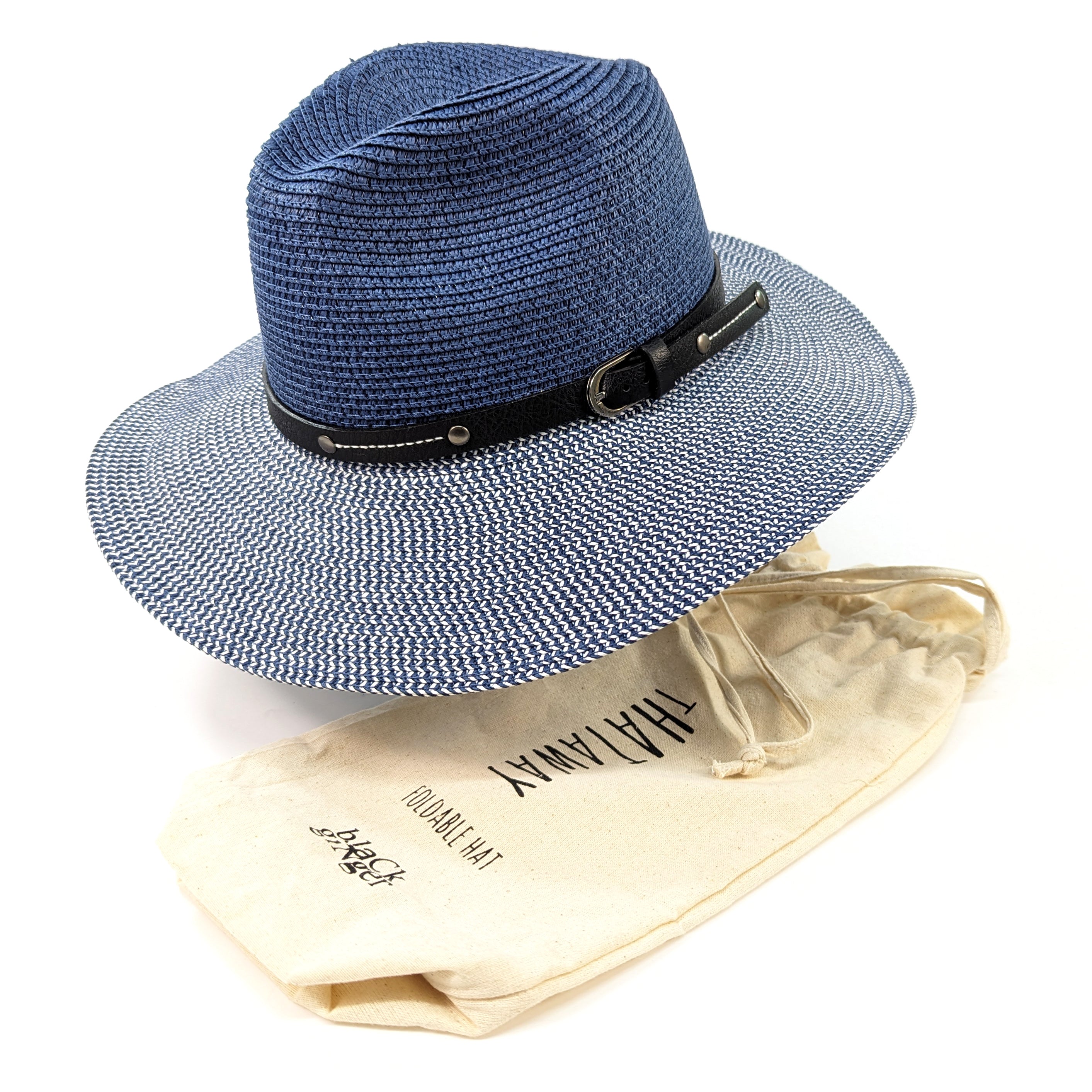 Two Tone Panama Foldable Hat - Mottled/Navy Blue with Belt (57cm)