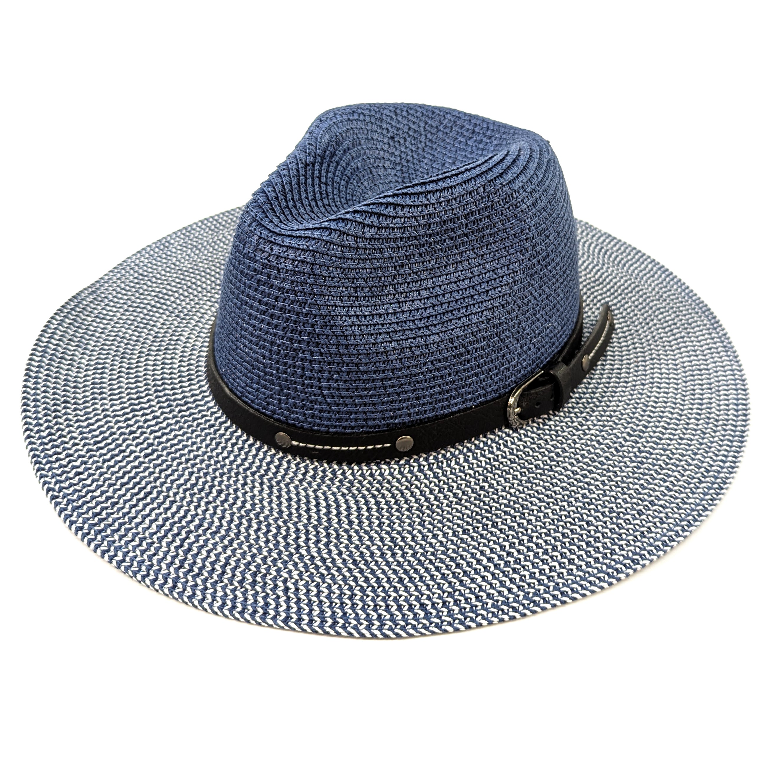 Two Tone Panama Foldable Hat - Mottled/Navy Blue with Belt (57cm)