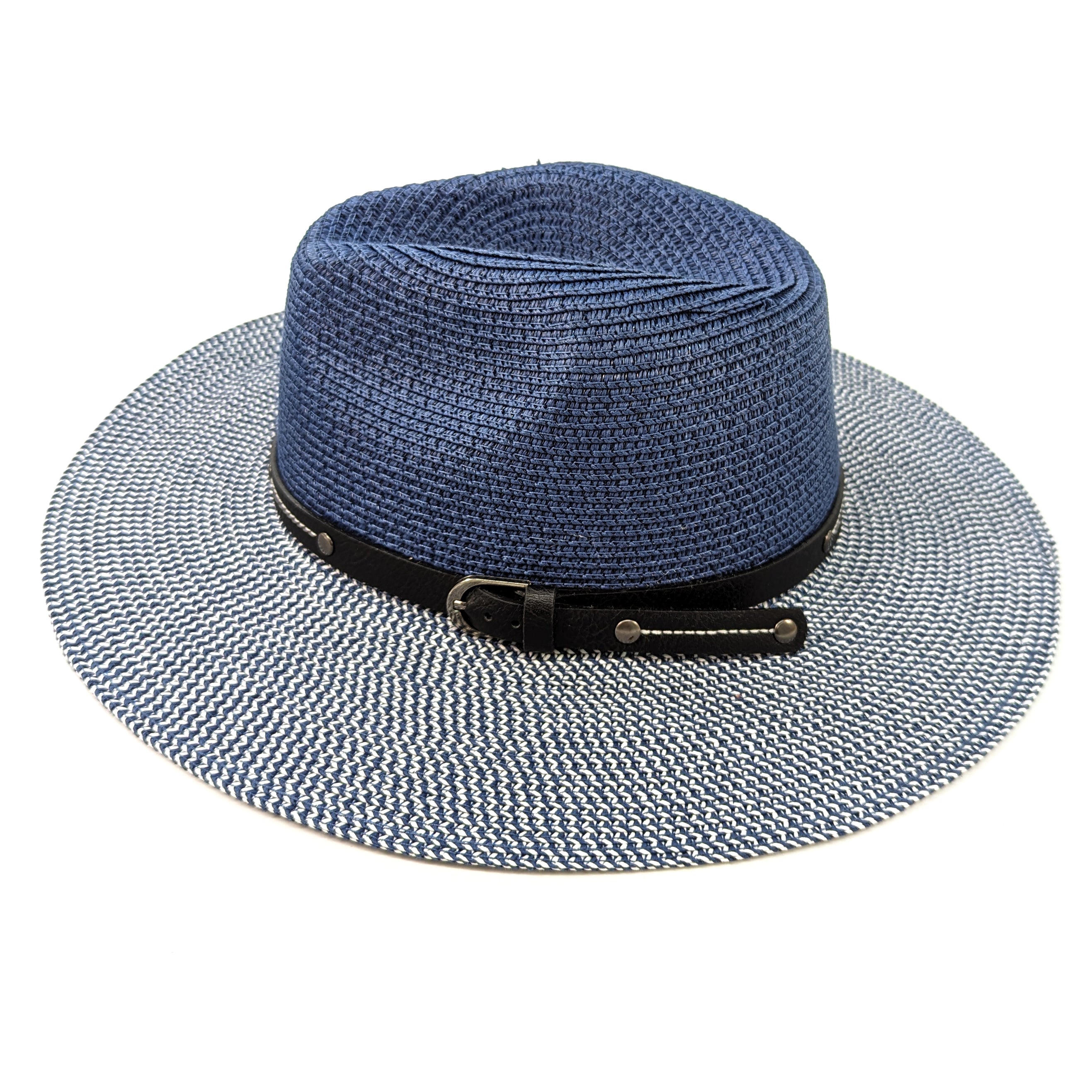 Two Tone Panama Foldable Hat - Mottled/Navy Blue with Belt (57cm)