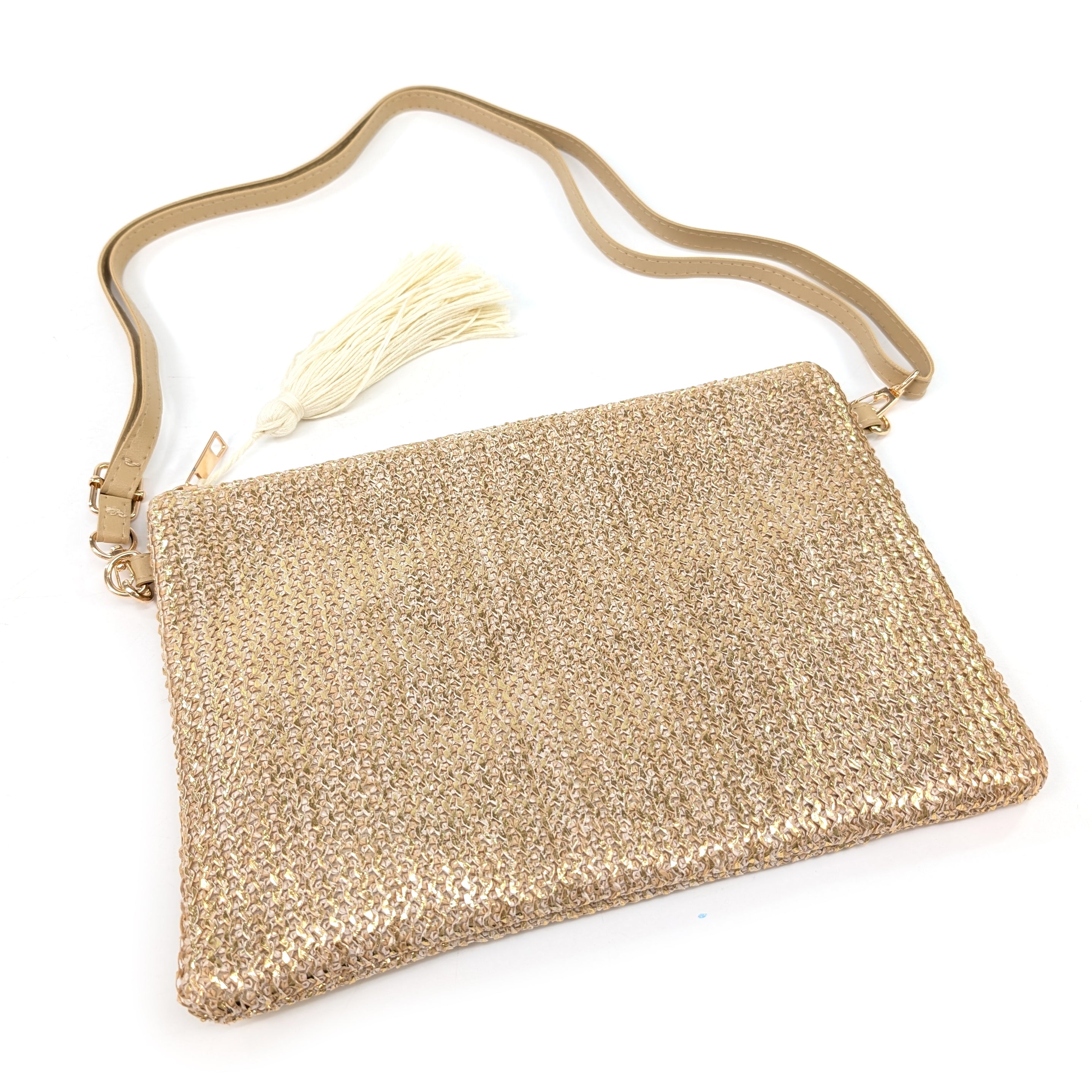 Glitzy Clutch Bag with Tassel - Gold