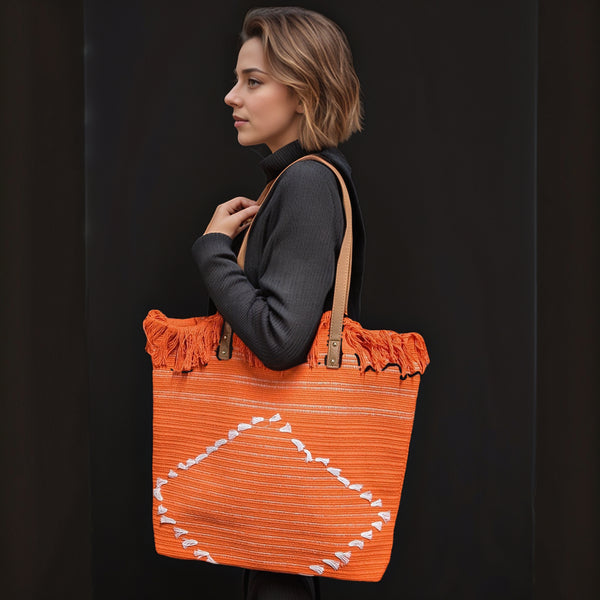 Large Tasseled Shoulder Bag - Orange
