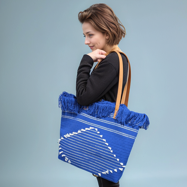Large Tasseled Shoulder Bag - Blue