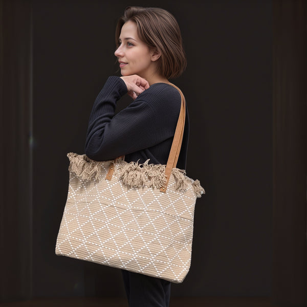Large Tasseled Shoulder Bag - Cream