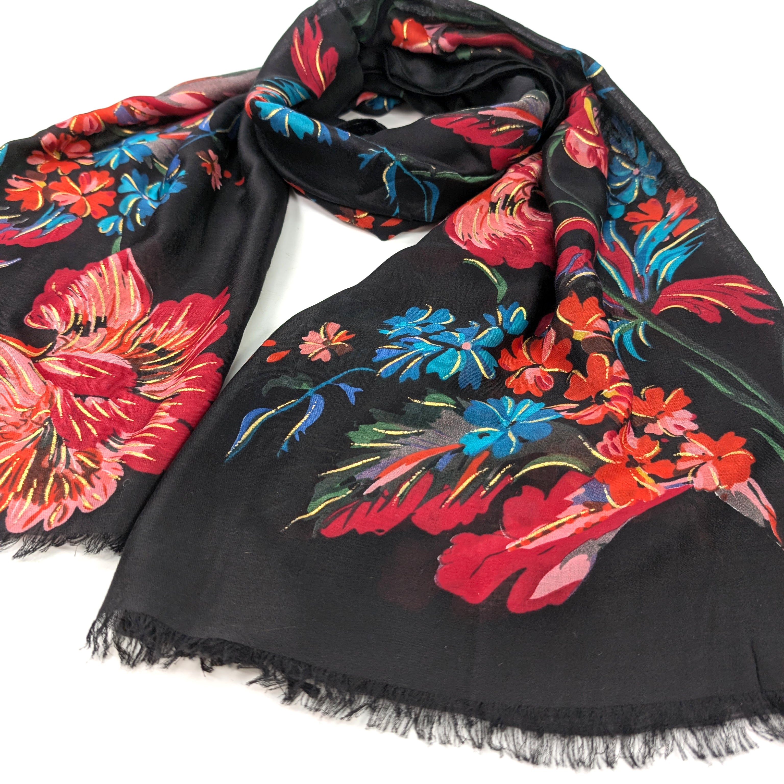 XL Gold Flecked Floral Scarf - Black