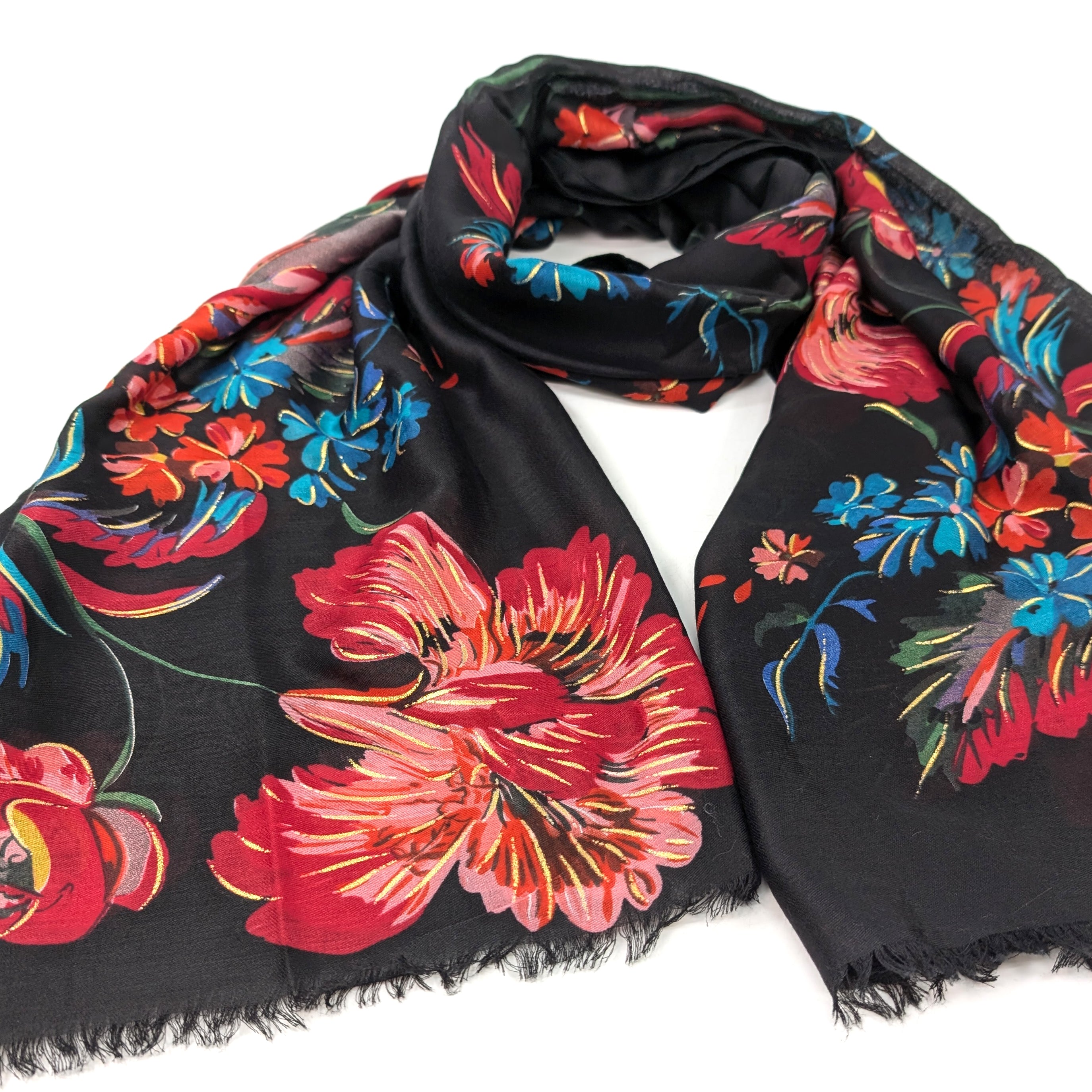 XL Gold Flecked Floral Scarf - Black