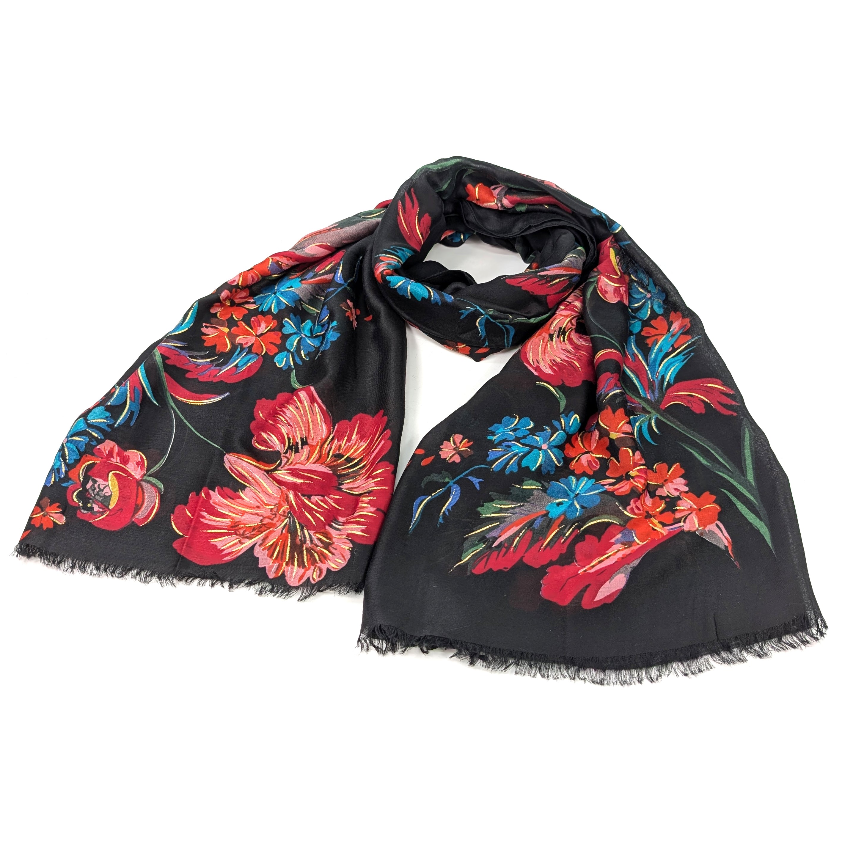 XL Gold Flecked Floral Scarf - Black