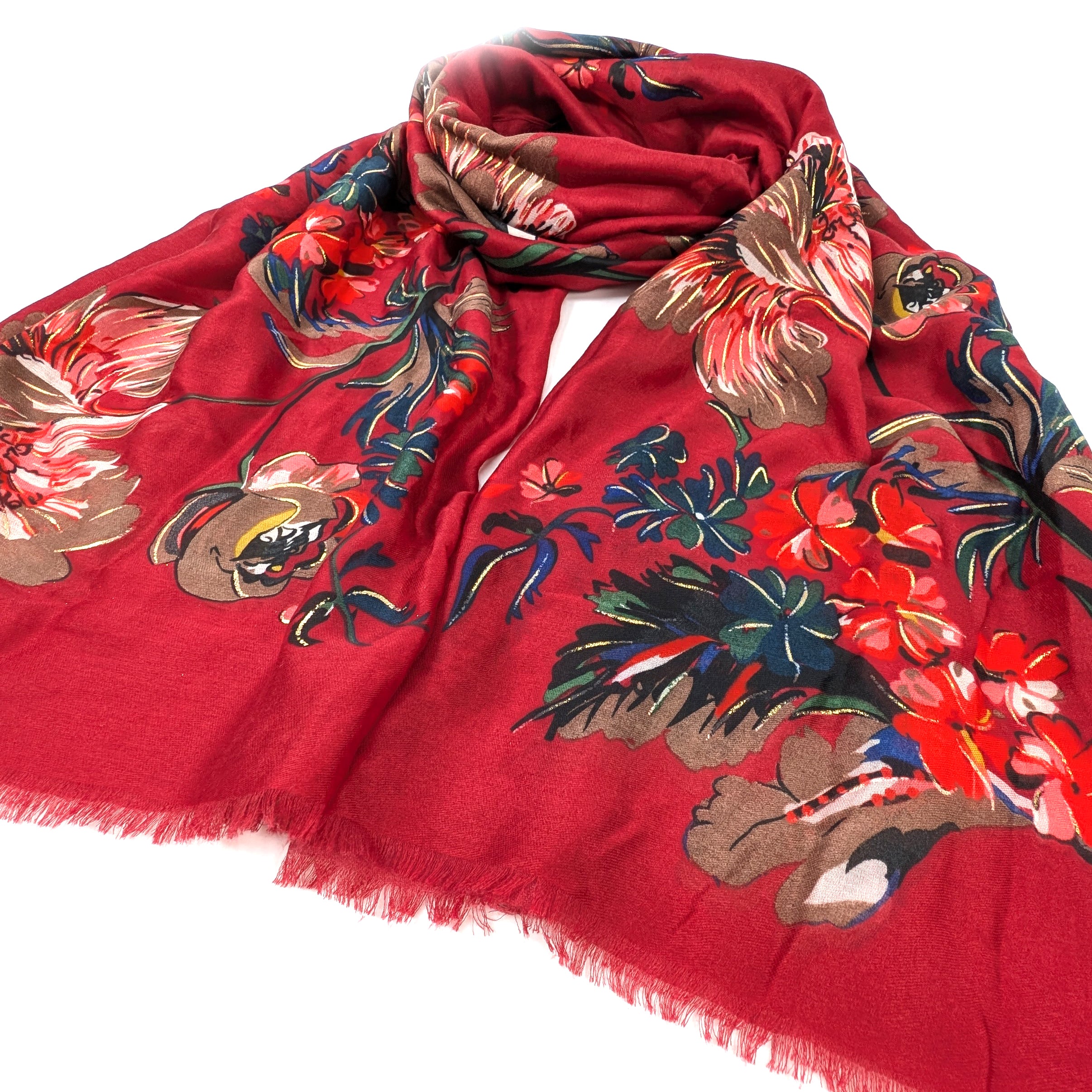 XL Gold Flecked Floral Scarf - Red