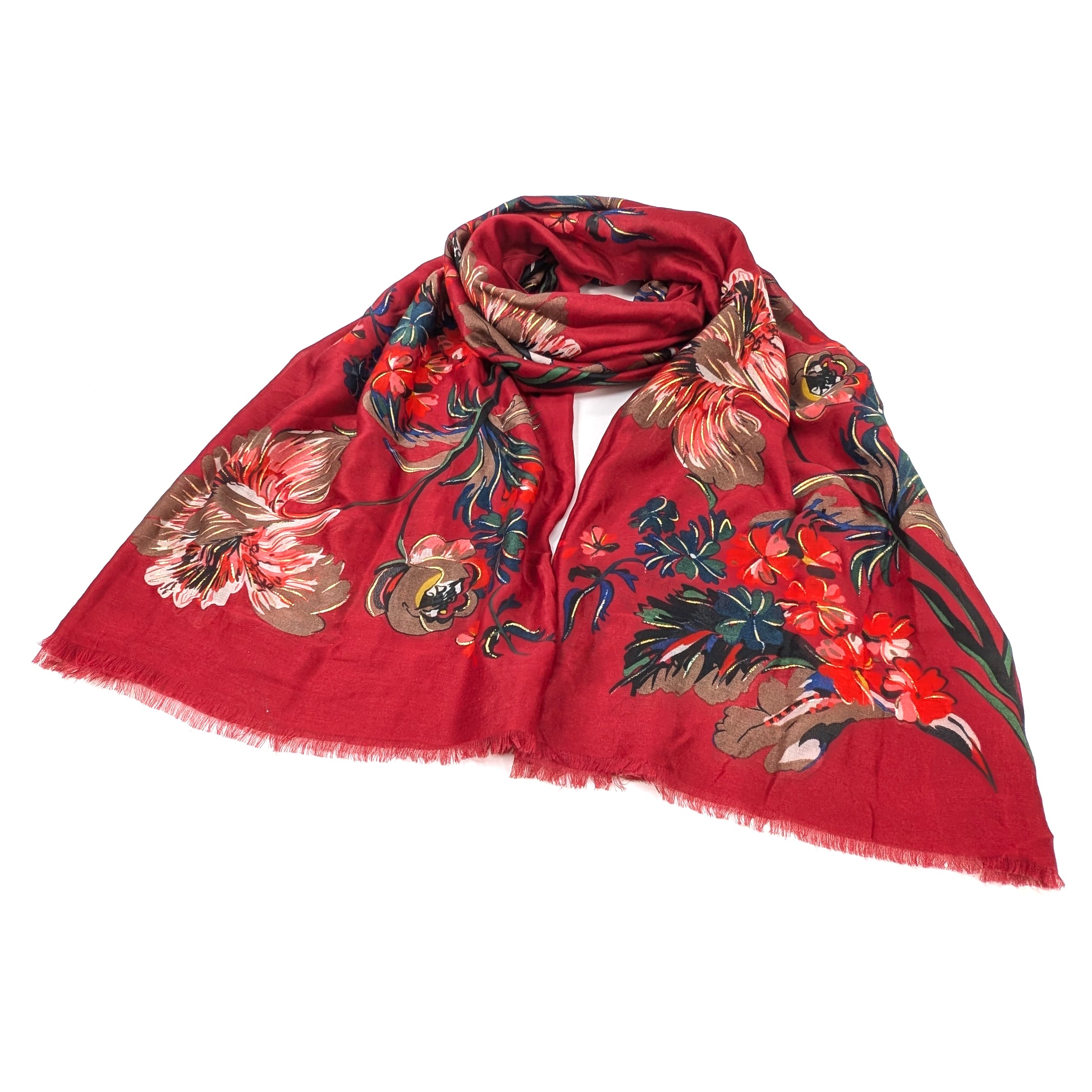 XL Gold Flecked Floral Scarf - Red