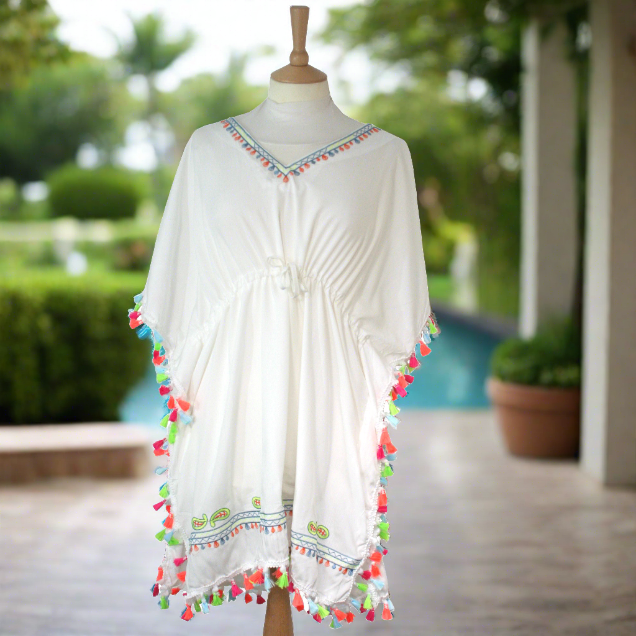 Evora   100% Cotton Poncho / Kaftan with PomPoms   White