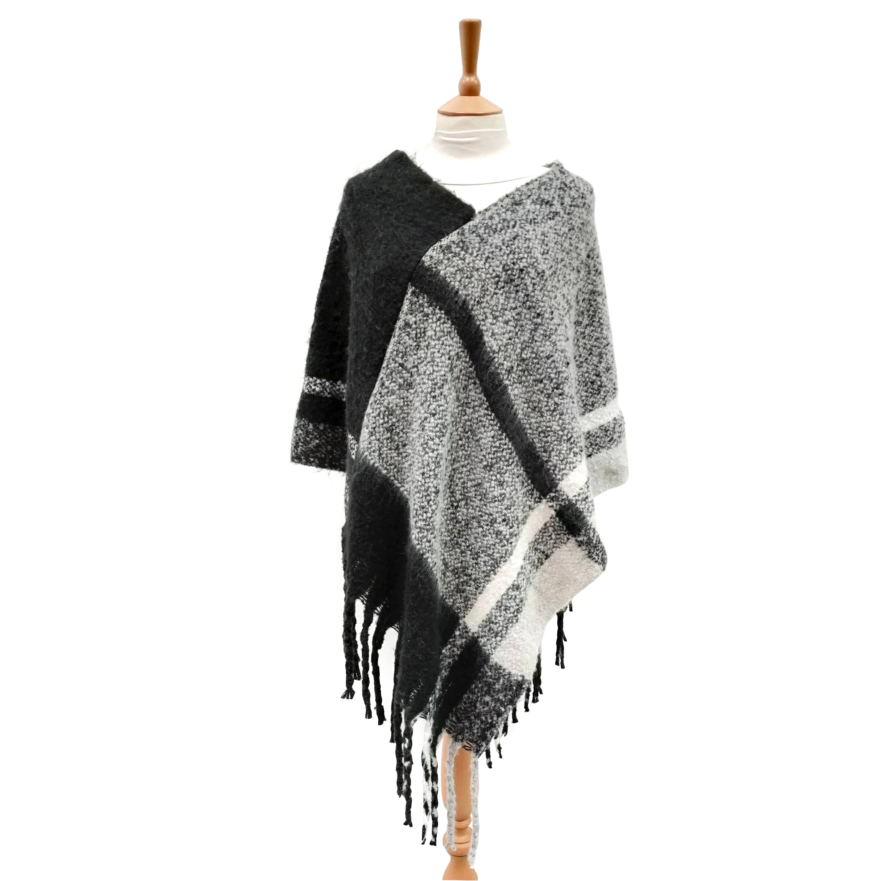 Black & White Check Poncho - Thick Cosy Feel