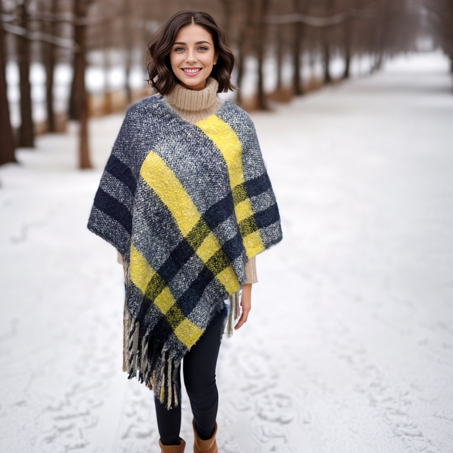 Yellow & Blue Check Poncho - Thick Cosy Feel