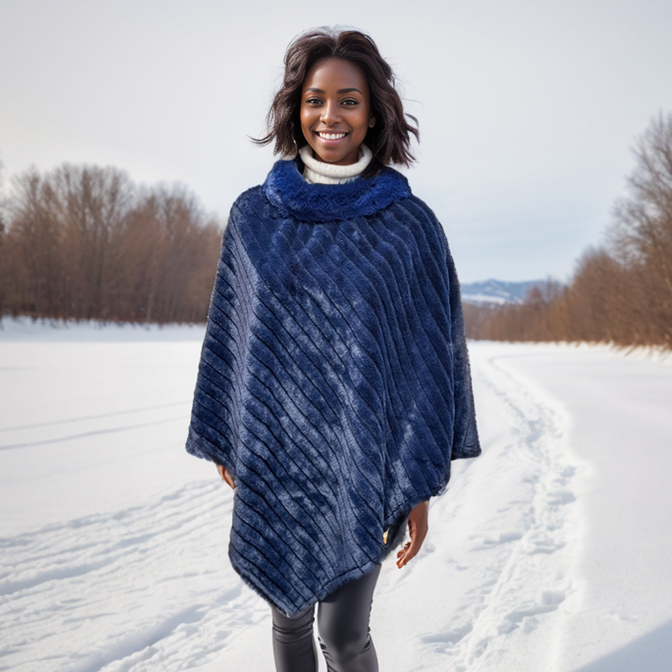 Mattice - Faux Fur Poncho with Collar - Blue