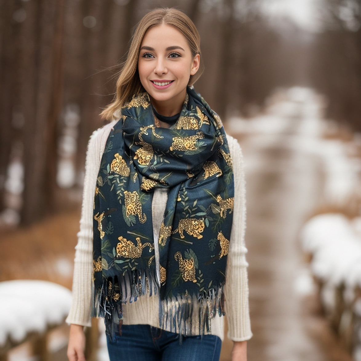 Midnight Jungle Pashmina Style Scarf - Exclusive Design - Teal/Black