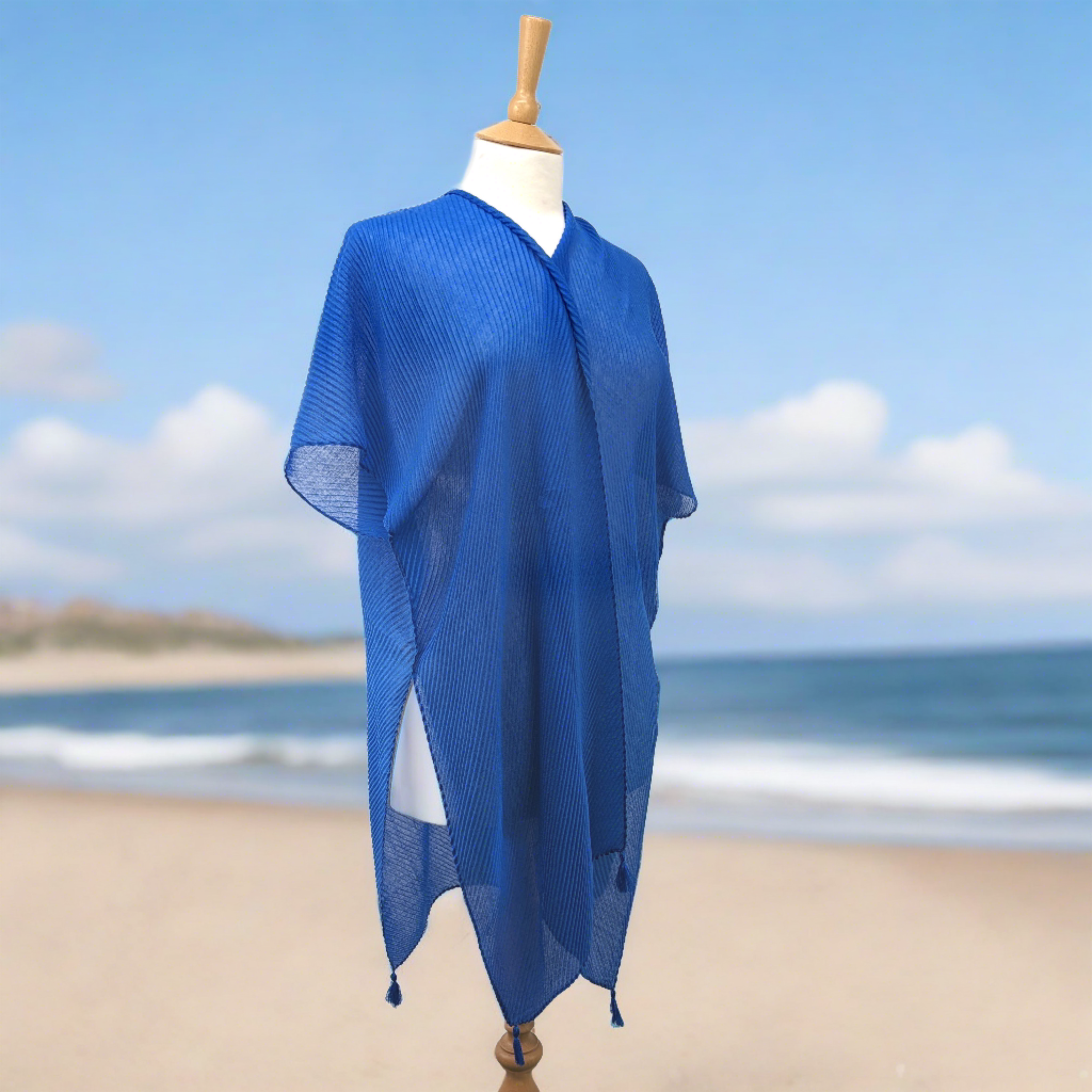 Cobalt Blue Crinkle Kaftan with Tassels - Perfect Beachwear for Women