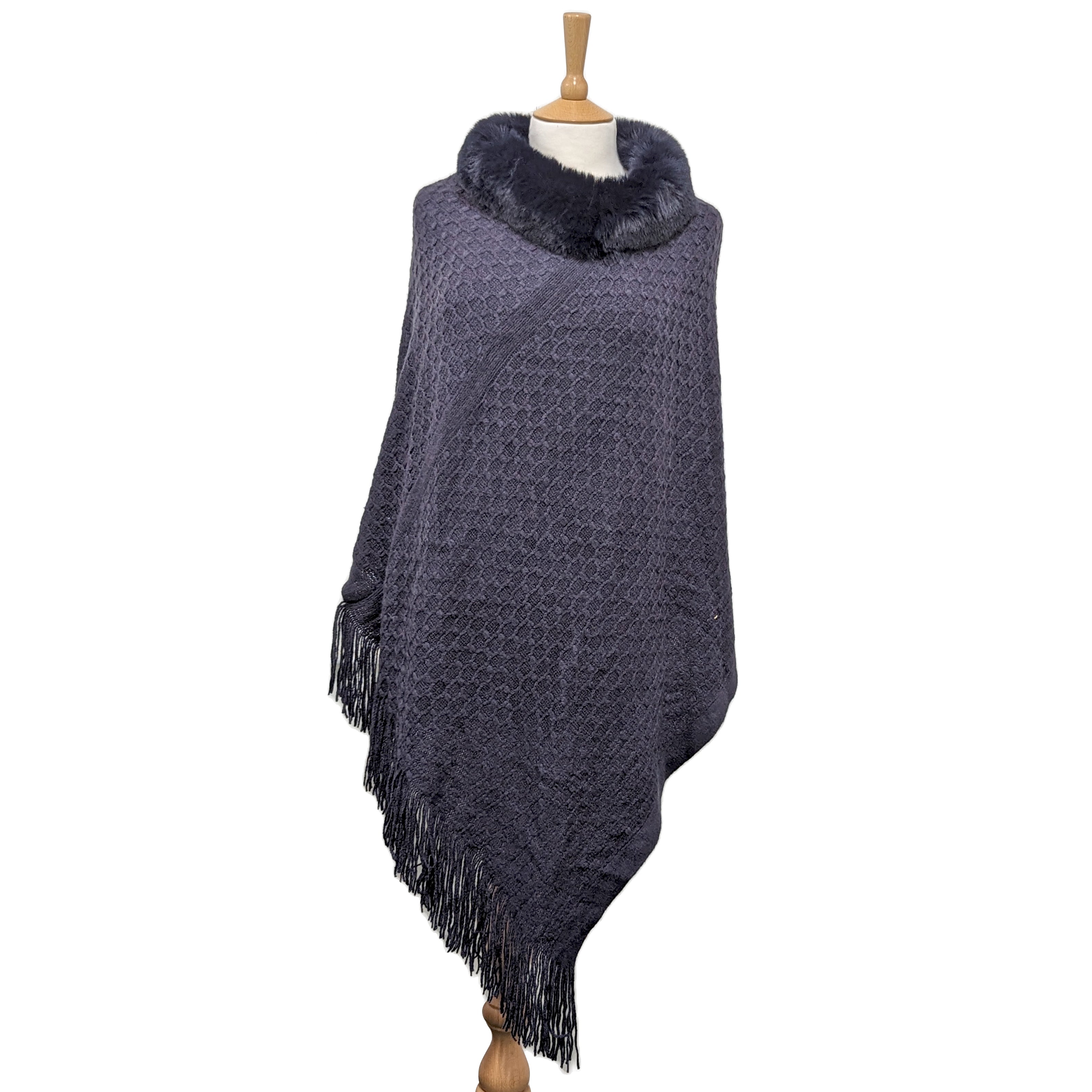 Knitted Poncho with Faux Fur Collar - Blue