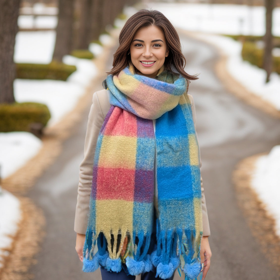 Skala - Extra Thick Check PomPom Scarf (40x210cm) - Blue/Pink