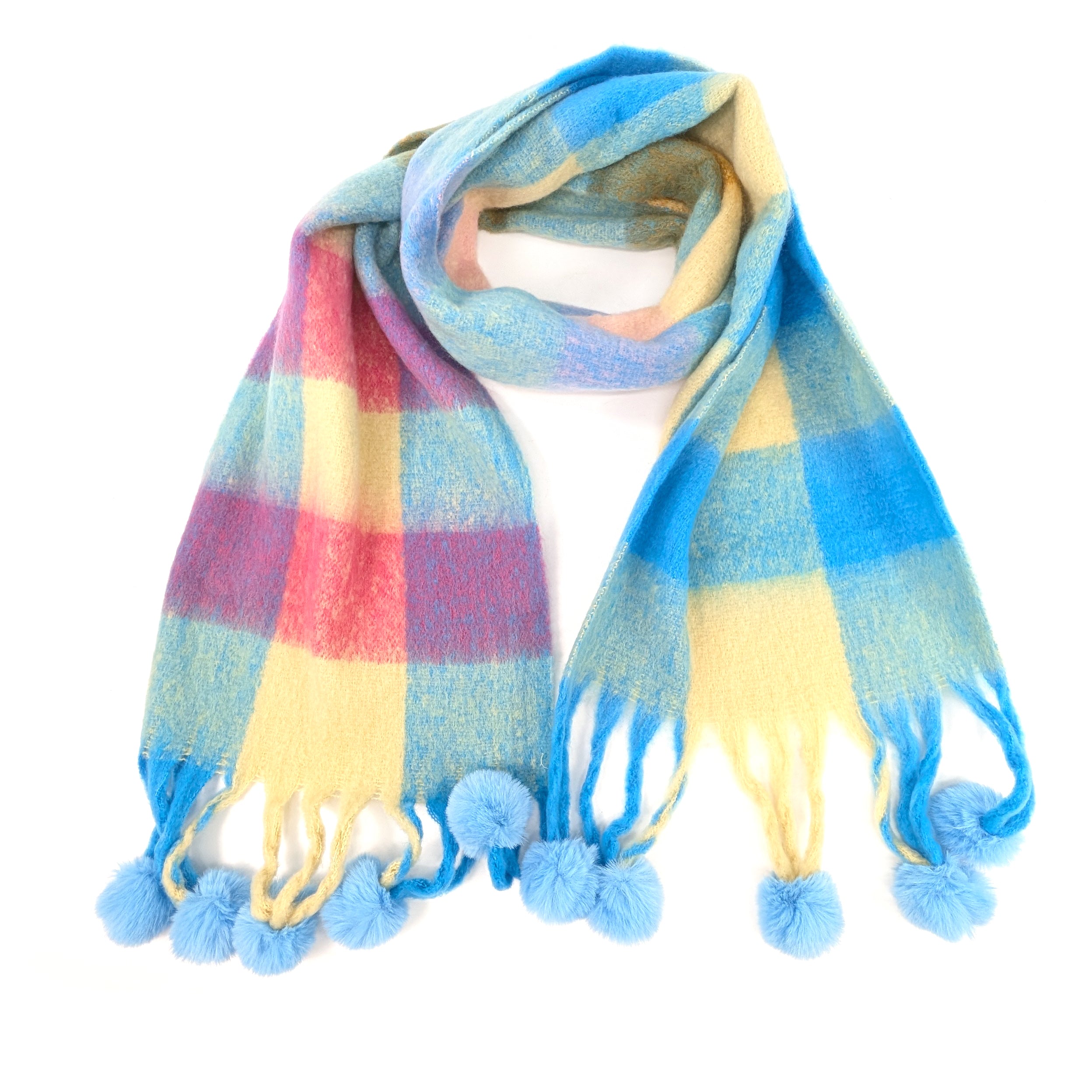 Skala - Extra Thick Check PomPom Scarf (40x210cm) - Blue/Pink