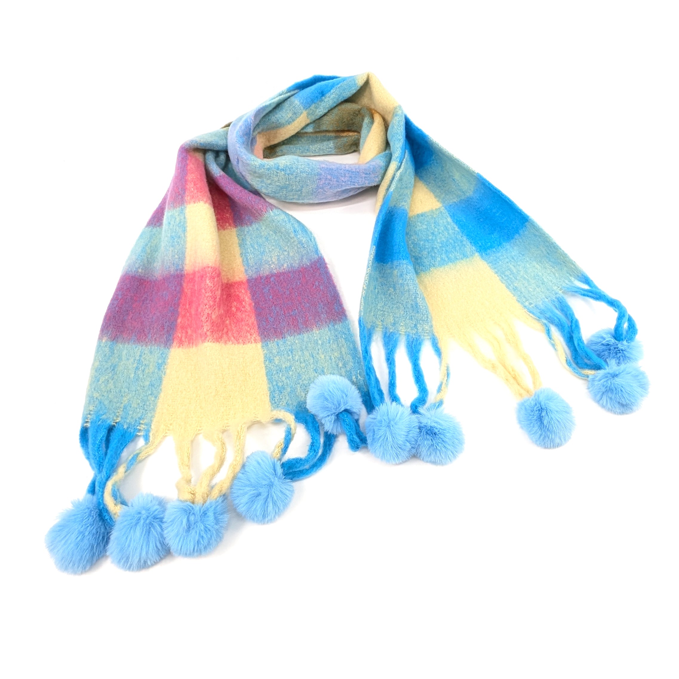 Skala - Extra Thick Check PomPom Scarf (40x210cm) - Blue/Pink