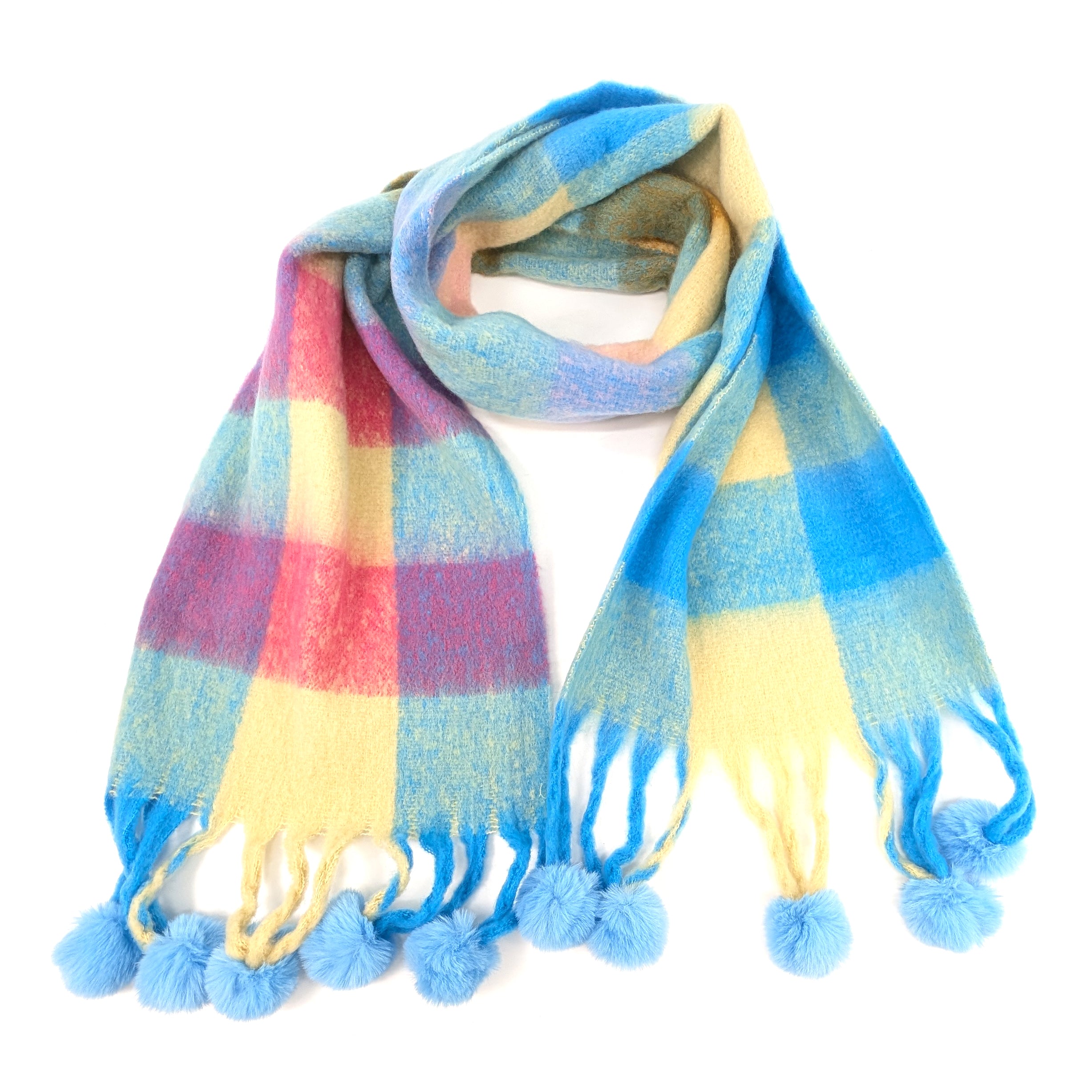 Skala - Extra Thick Check PomPom Scarf (40x210cm) - Blue/Pink