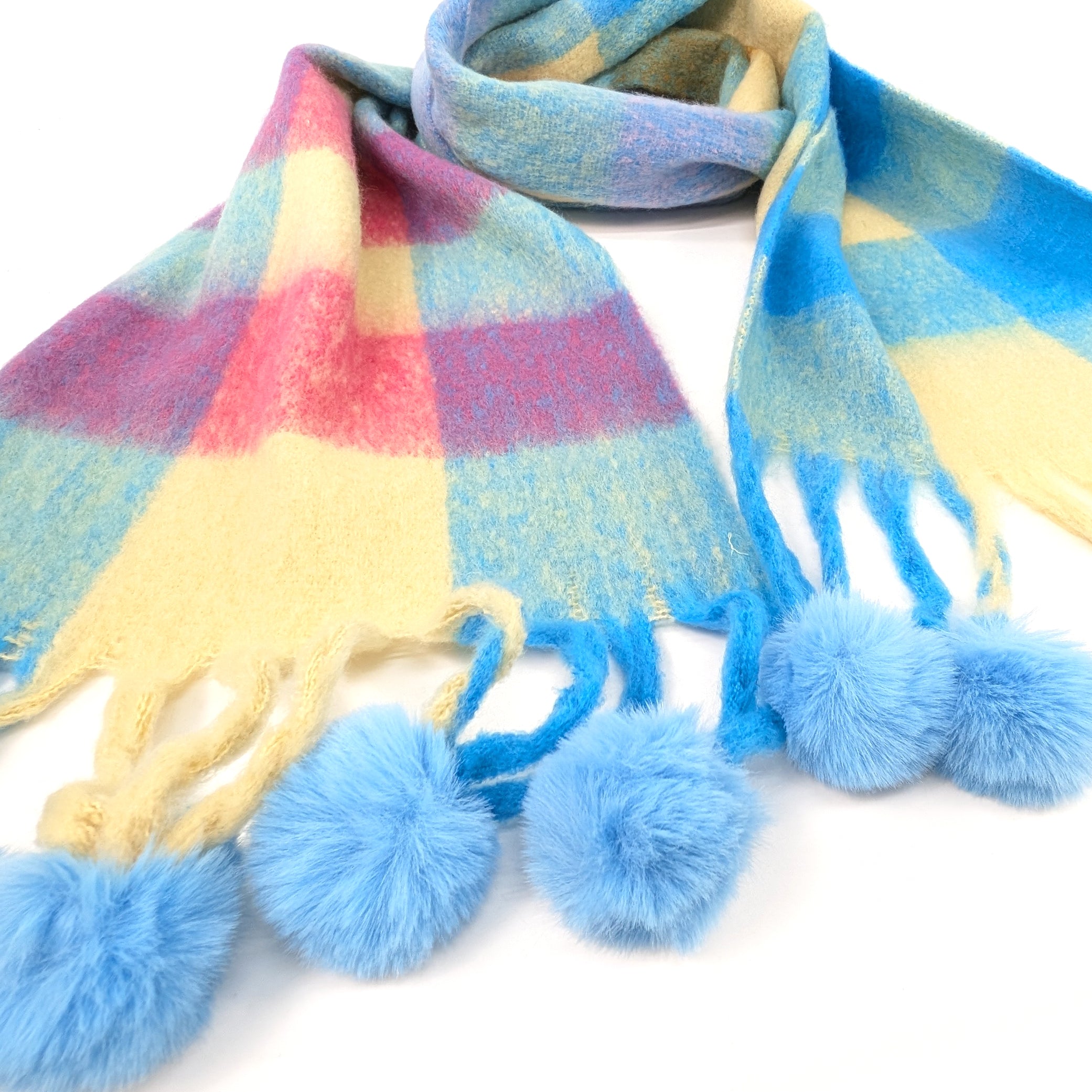 Skala - Extra Thick Check PomPom Scarf (40x210cm) - Blue/Pink