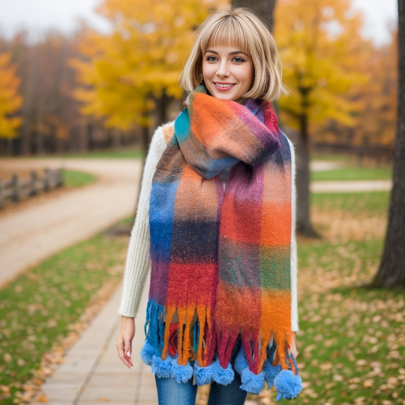 Skala - Extra Thick Check PomPom Scarf (40x210cm) - Bold Colours