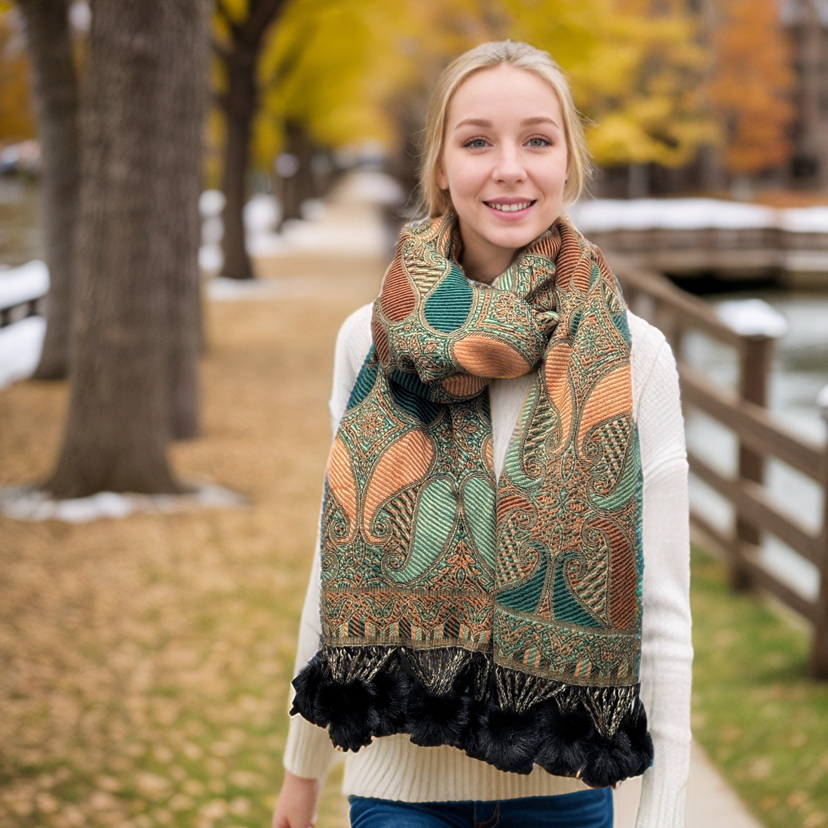 Mezdra - Vivid PomPom Pashmina (100% Viscose - 65x180cm) - Emerald Green