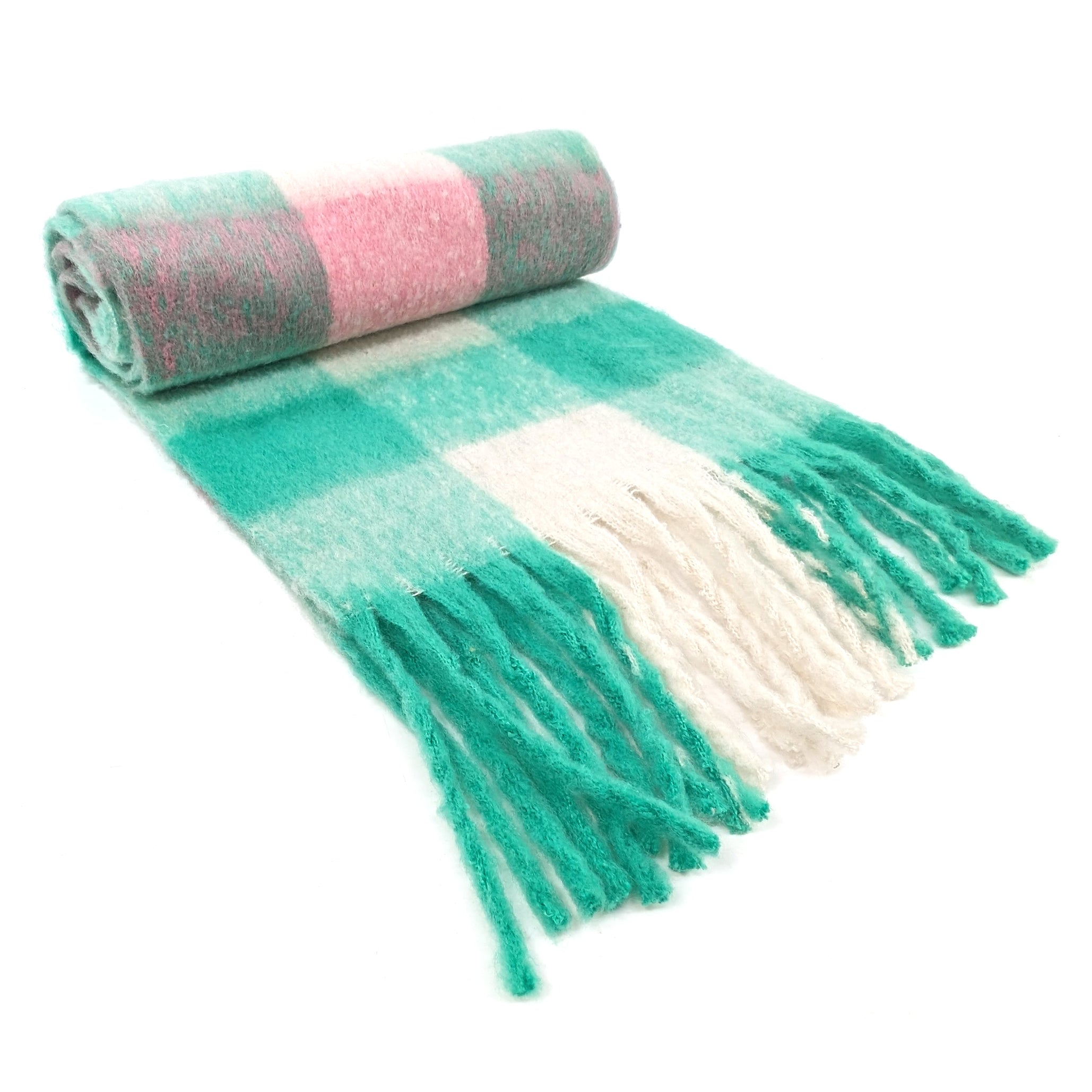 Mikre - Extra Thick Neon Tasseled Scarf (40x195cm) - Green/White