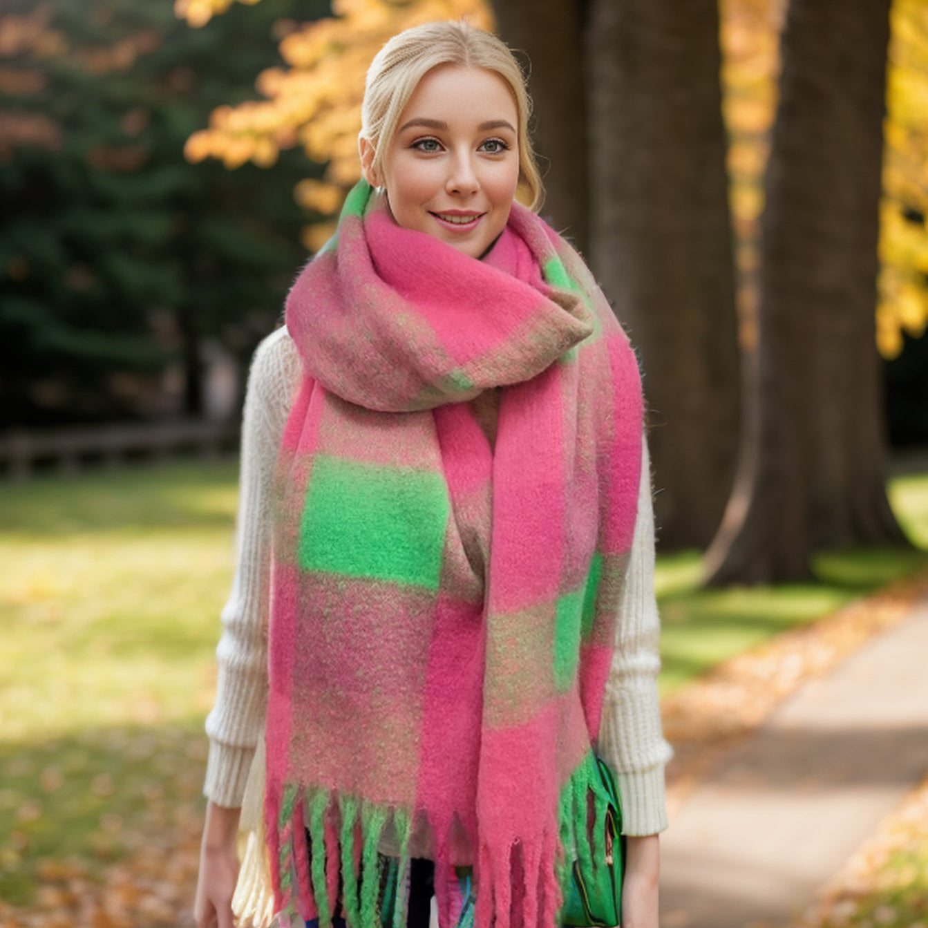 Mikre - Extra Thick Neon Tasseled Scarf (40x195cm) - Neon Green/Pink