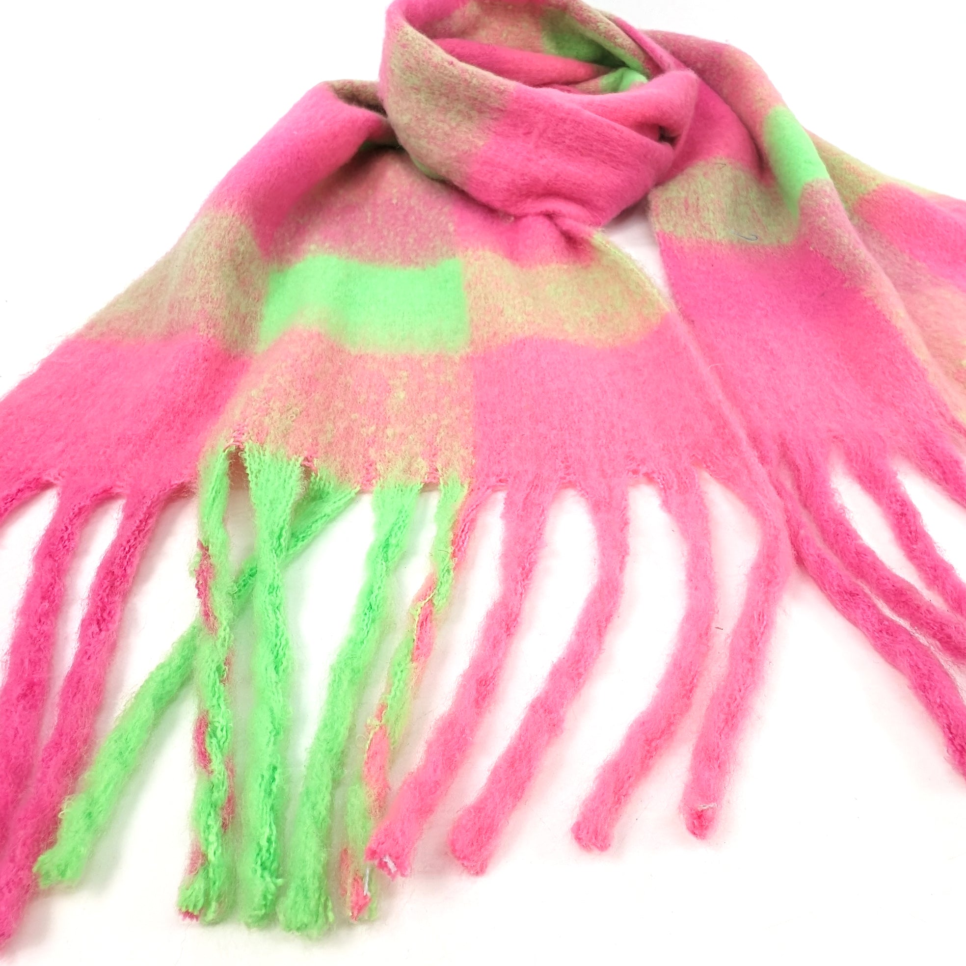 Mikre - Extra Thick Neon Tasseled Scarf (40x195cm) - Neon Green/Pink