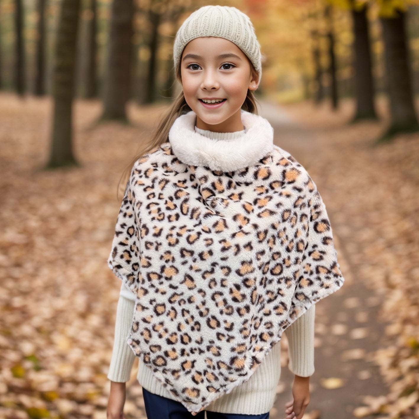 Childrens Faux Fur Poncho - White Animal Print