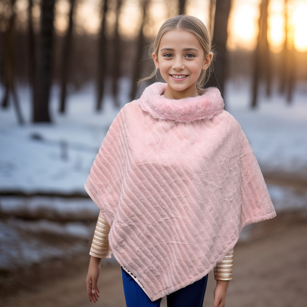 Childrens Faux Fur Poncho - Pink