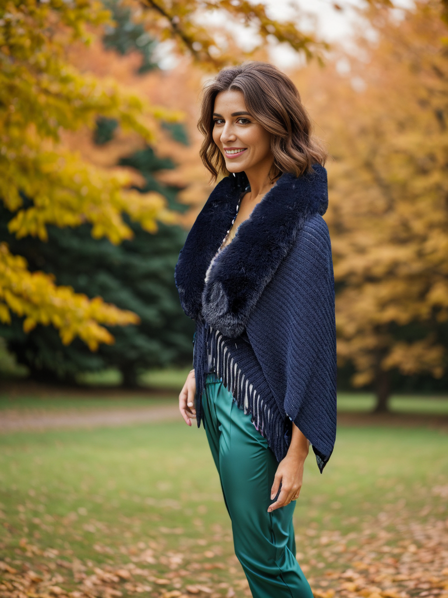 Knitted Shrug with Faux Fur Collar - Navy Blue