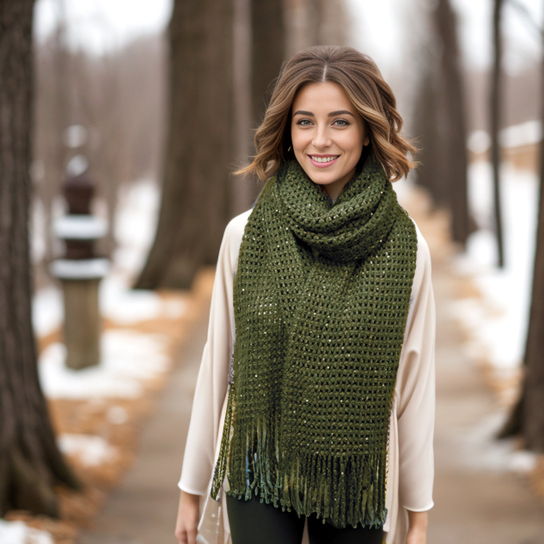 Rila - Knitted Long Scarf with Sequins - Dark Green