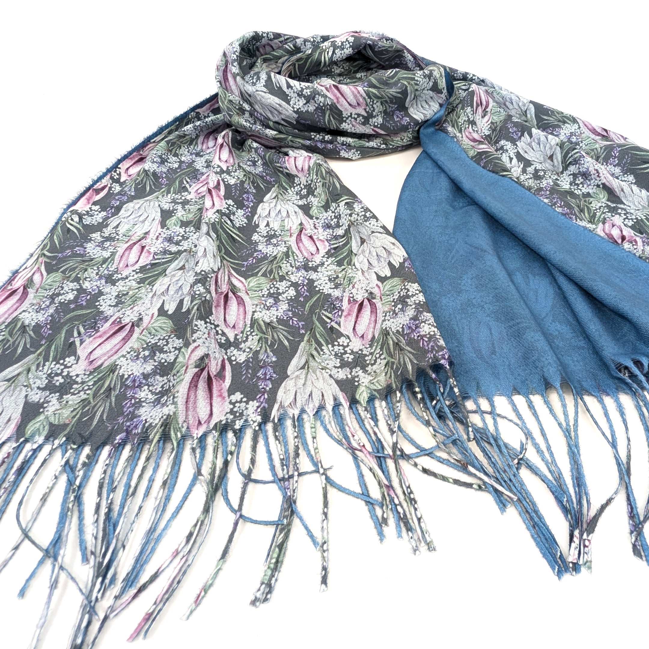 Winter Protea Pashmina Scarf (70x180cm) - Exclusive Design - Denim Blue