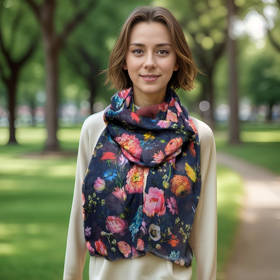 Silky Floral Scarf (70x180cm) - Navy