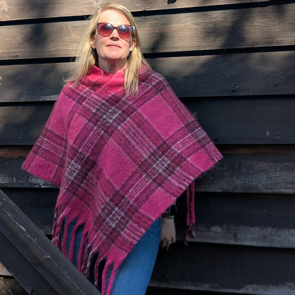 Bright Pink Check Plaid Poncho - Thick Cosy Feel