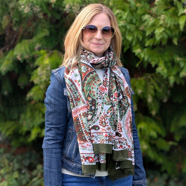 Sawan - Golden Paisley Scarf (80x180cm) - Green