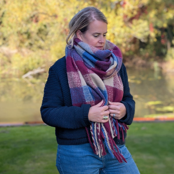 Agung - Super Thick Boxes Scarf (45x180cm) - Maroon/Navy
