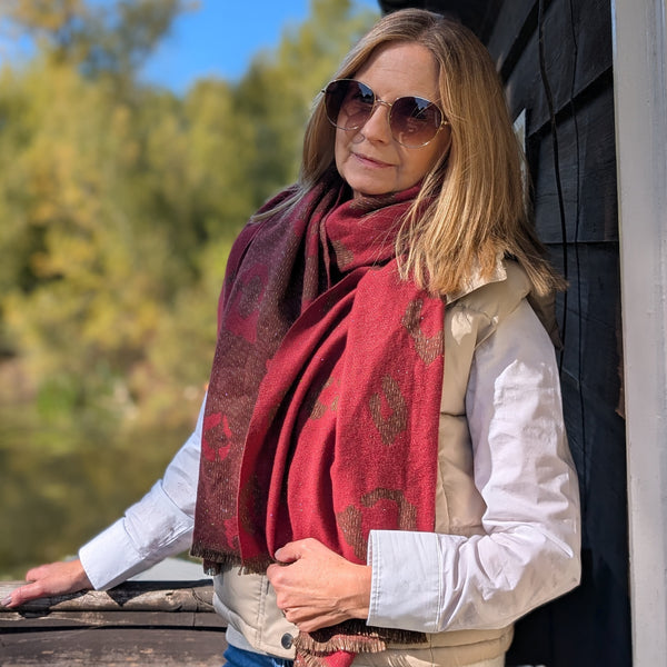 Bukit - Sparkling Animal Print Pashmina Scarf (60x180cm) - Rich Red