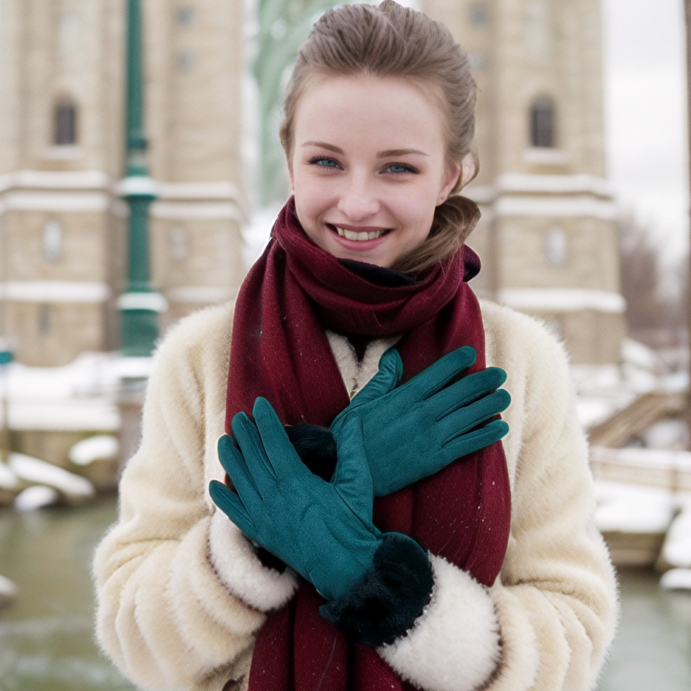 Faux Fur Trim Gloves - Green