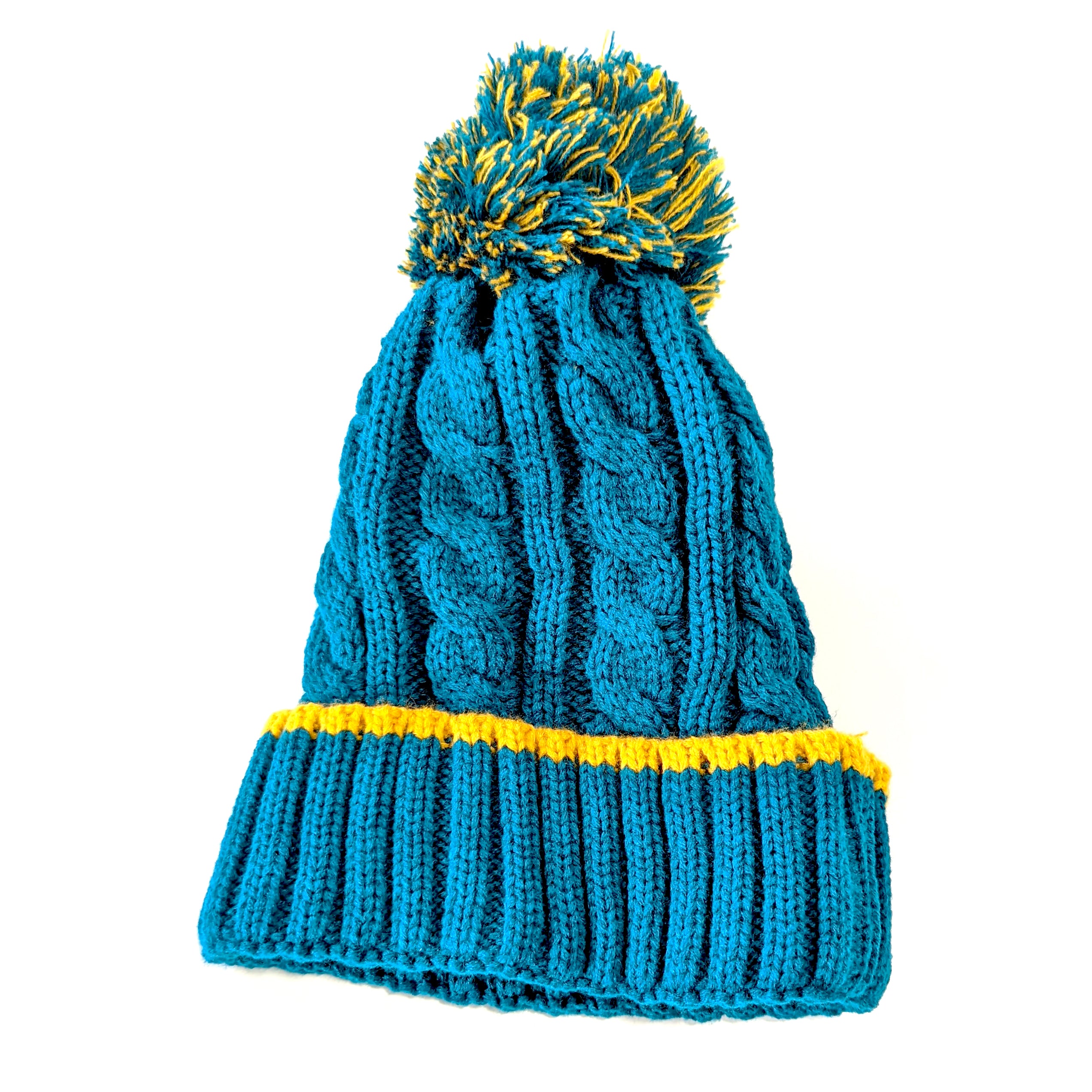 Two Tone Cable Knit Bobble Hat with Woollen PomPom - Yellow/Blue