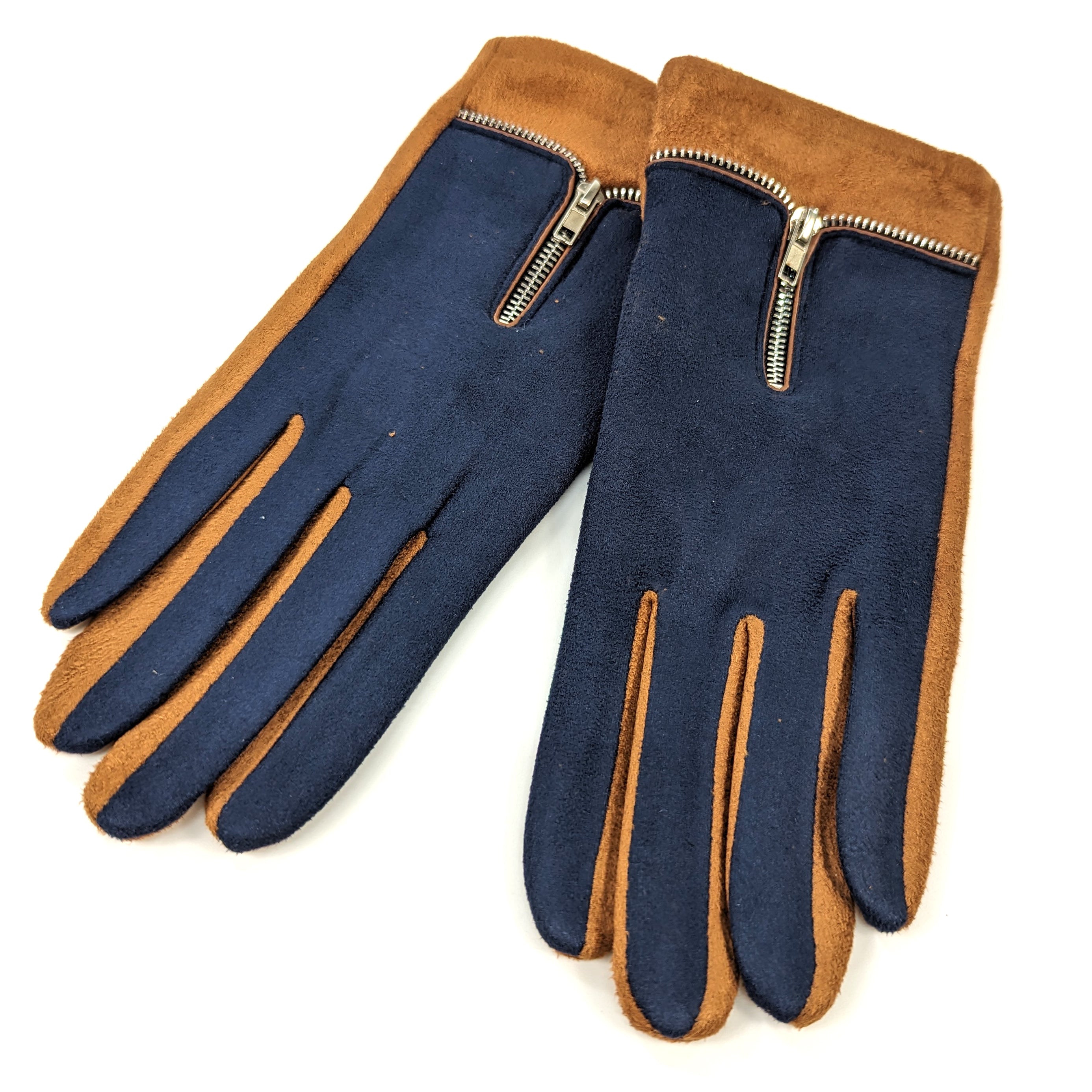 Gloves with a Zip Details - Navy / Camel