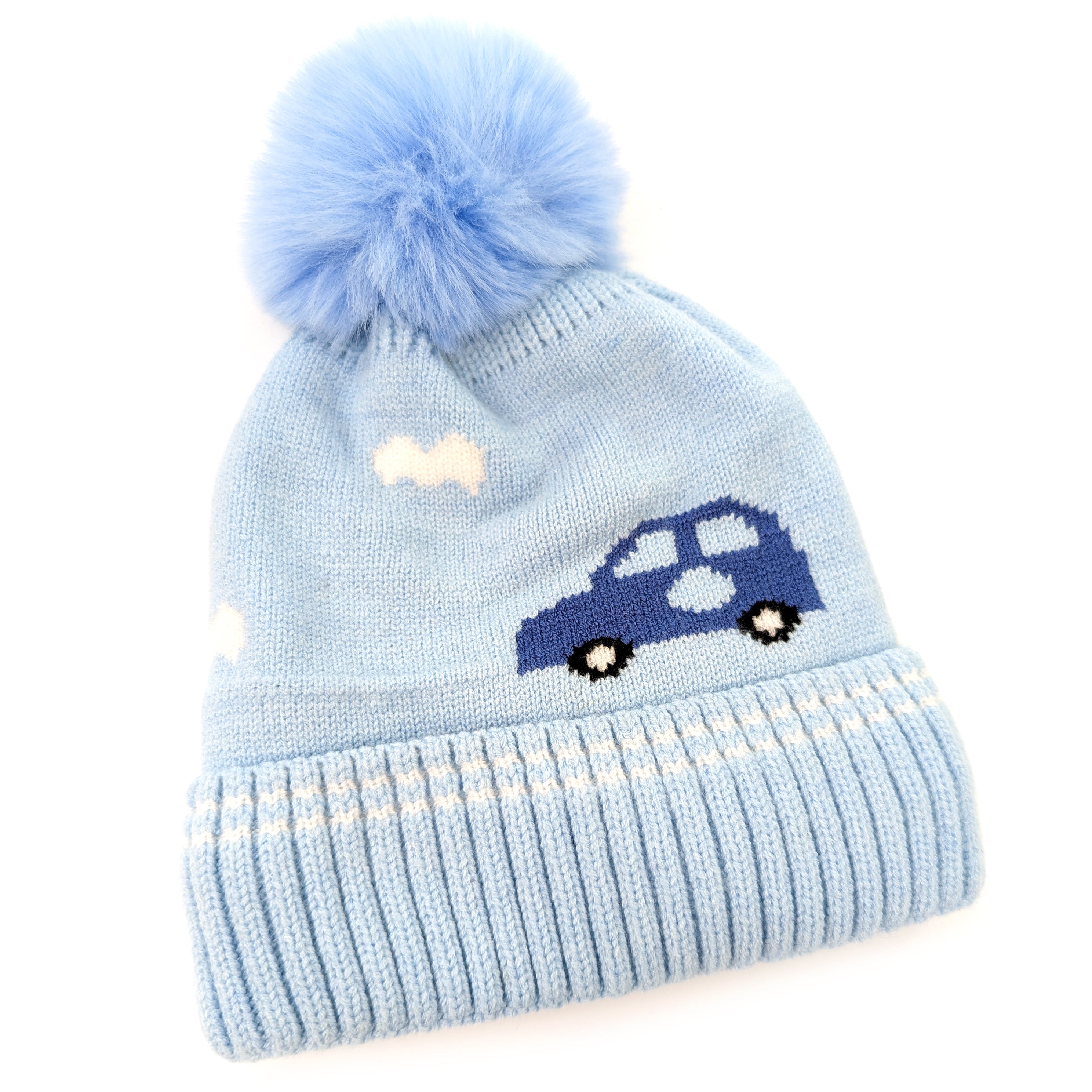 Childrens Car Bobble Hat - Light Blue (1-4yrs)