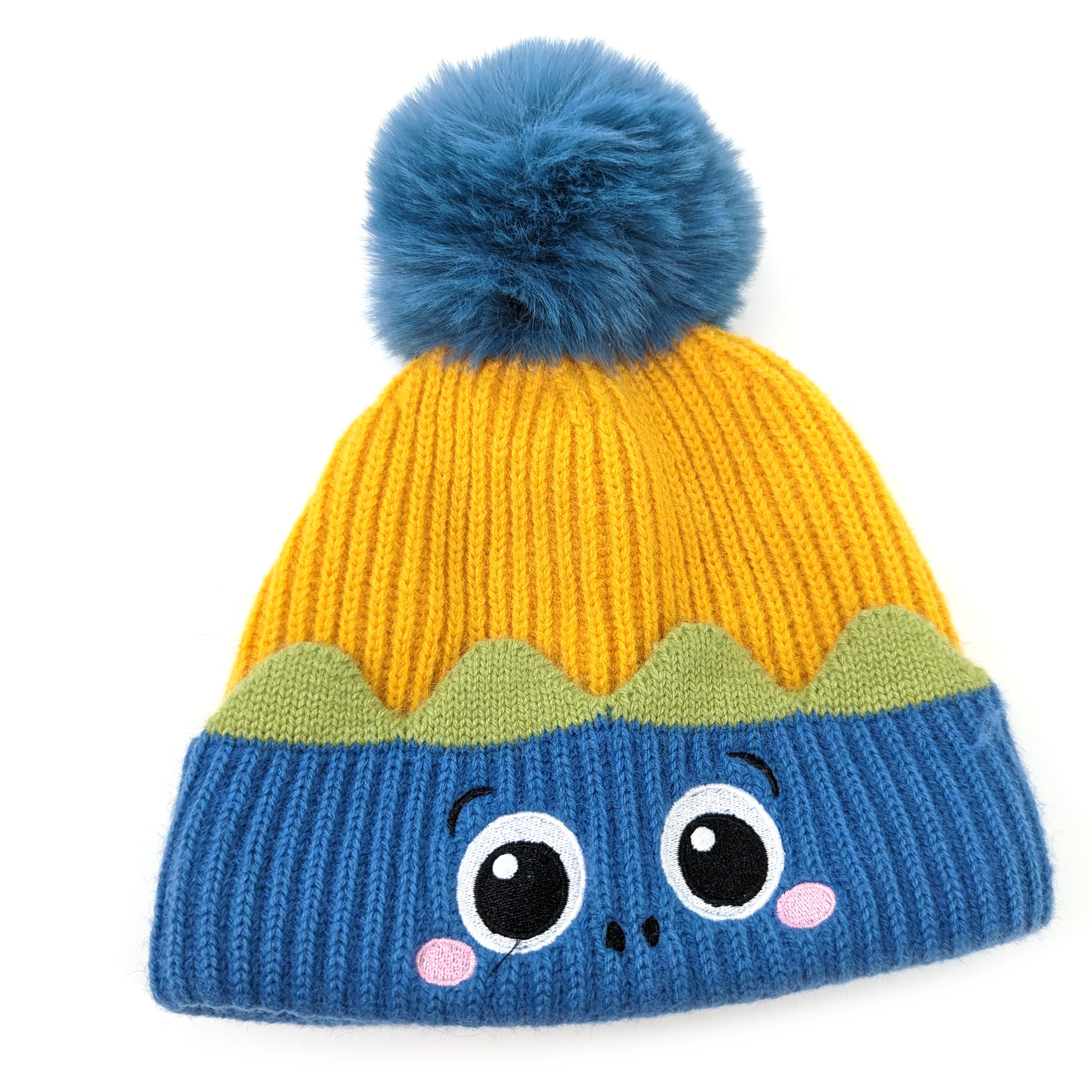 Childrens Monster Bobble Hat - Blue/Yellow (up to 8 yrs)