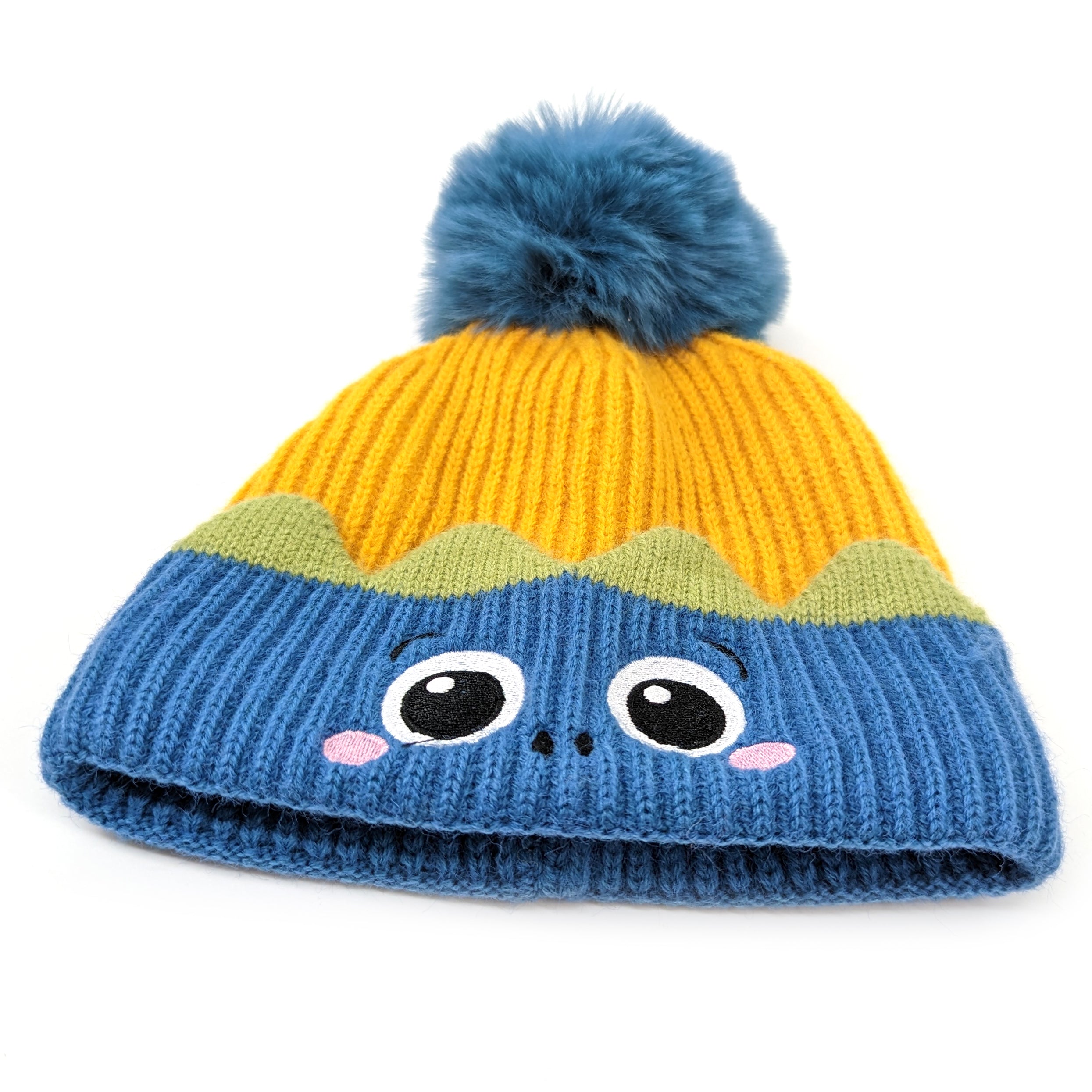 Childrens Monster Bobble Hat - Blue/Yellow (up to 8 yrs)